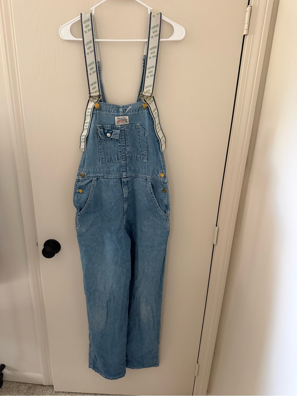 Vintage Carter’s Denim bib overalls “watch the wear” addition.